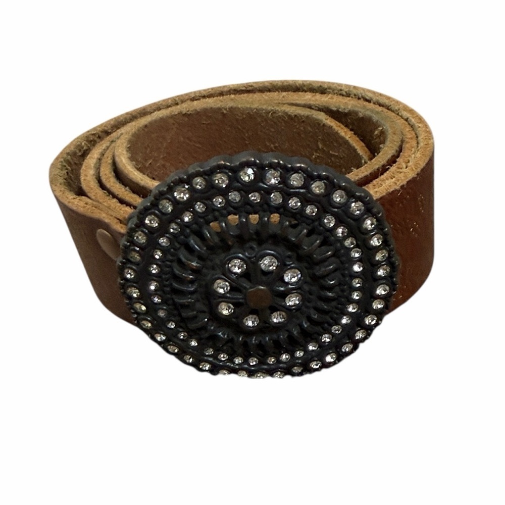 Fossil Brown Leather Belt with Circular Faux Diamond Buckle Size Medium